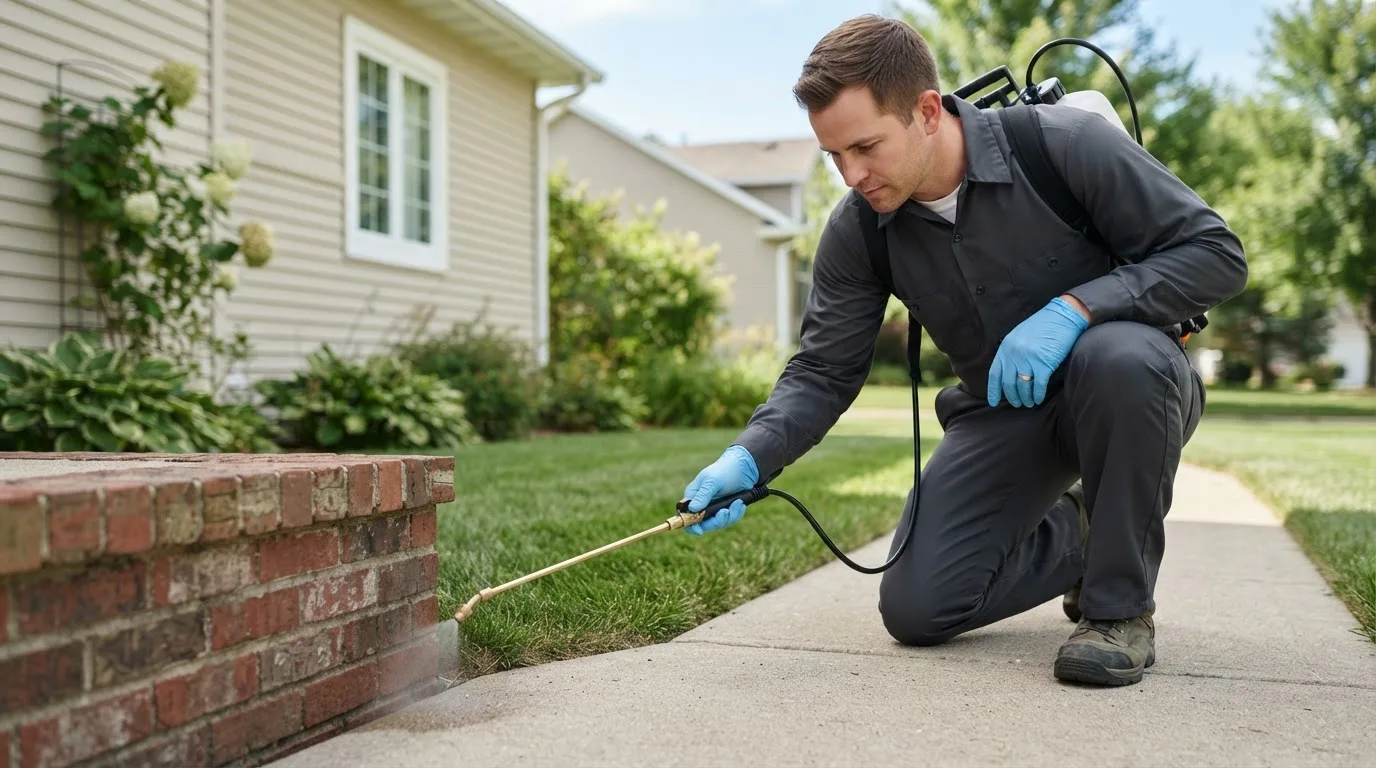 Pest control technician treating a home near Sayre, PA